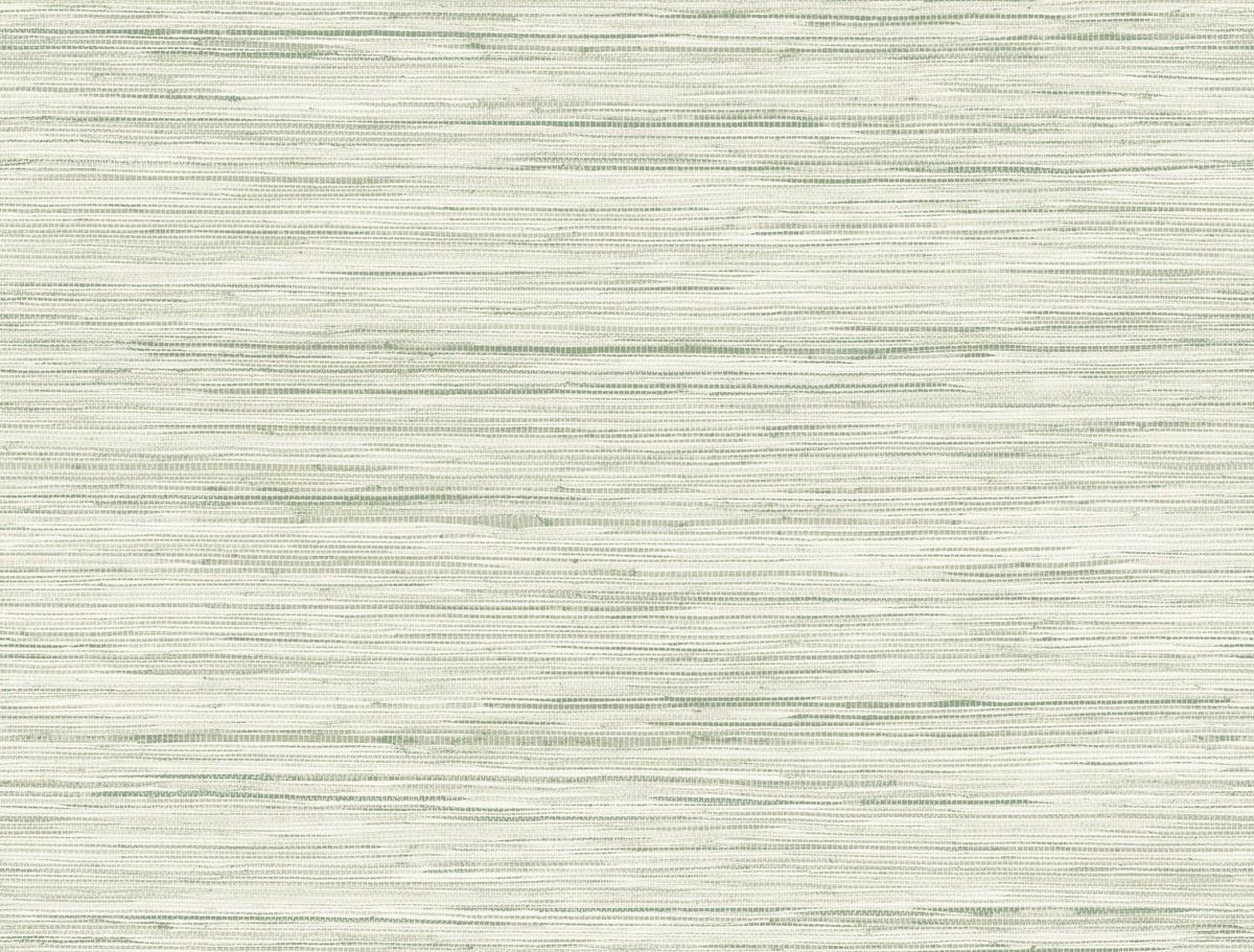 Bahiagrass Wallpaper by York Wallcoverings features a light beige textured surface adorned with subtle horizontal greenish lines that evoke the look of woven fabric or grasscloth. The soft, organic pattern creates a calm and natural ambiance.