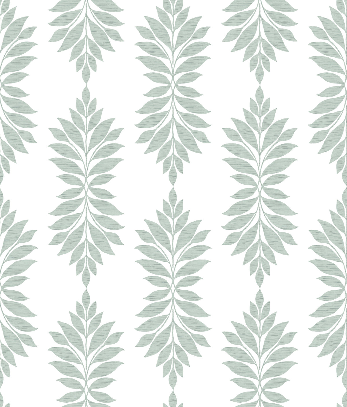Broadsands Botanica Wallpaper by York Wallcoverings features a seamless pattern of light green leafy branches arranged vertically on a white background, creating a symmetrical, repeating botanical design.