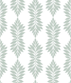 Broadsands Botanica Wallpaper by York Wallcoverings features a seamless pattern of light green leafy branches arranged vertically on a white background, creating a symmetrical, repeating botanical design.