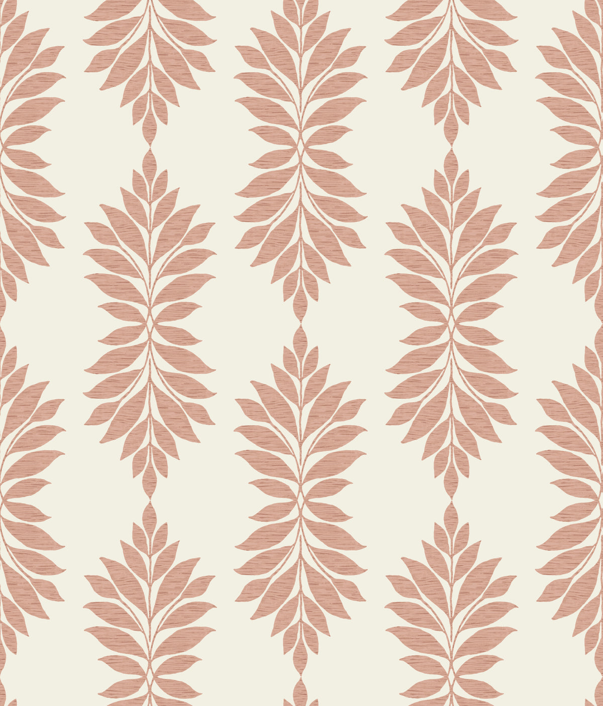 Broadsands Botanica Wallpaper by York Wallcoverings showcases a seamless, repetitive pattern of symmetrical, stylized brown leaves arranged vertically on a light beige background, creating a natural botanical theme.