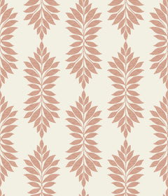 Broadsands Botanica Wallpaper by York Wallcoverings showcases a seamless, repetitive pattern of symmetrical, stylized brown leaves arranged vertically on a light beige background, creating a natural botanical theme.