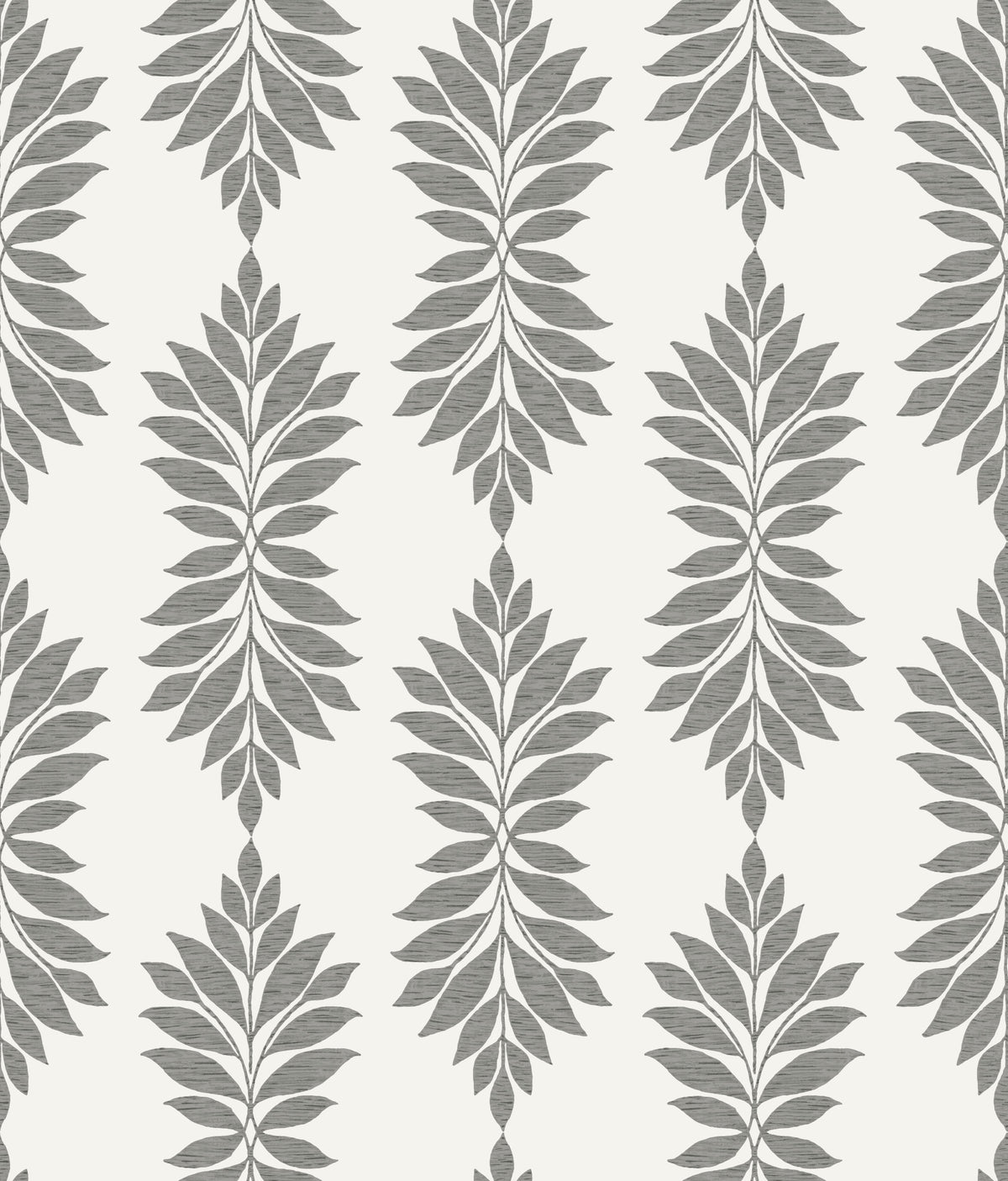 Broadsands Botanica Wallpaper by York Wallcoverings features a seamless pattern of gray symmetrical leaf motifs arranged in vertical rows on an off-white background. The stylized leaves are evenly spaced, creating a repeating botanical design.