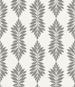 Broadsands Botanica Wallpaper by York Wallcoverings features a seamless, repeating pattern of gray, symmetrical leaf shapes arranged vertically on a light background, creating an elegant botanical design.