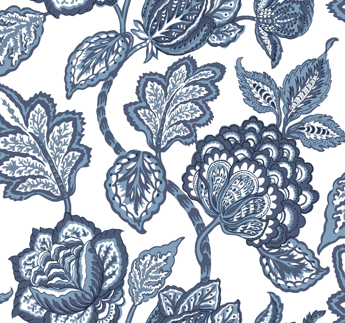 Midsummer Jacobean Wallpaper featuring large blue and white stylized floral and leafy vine motifs.