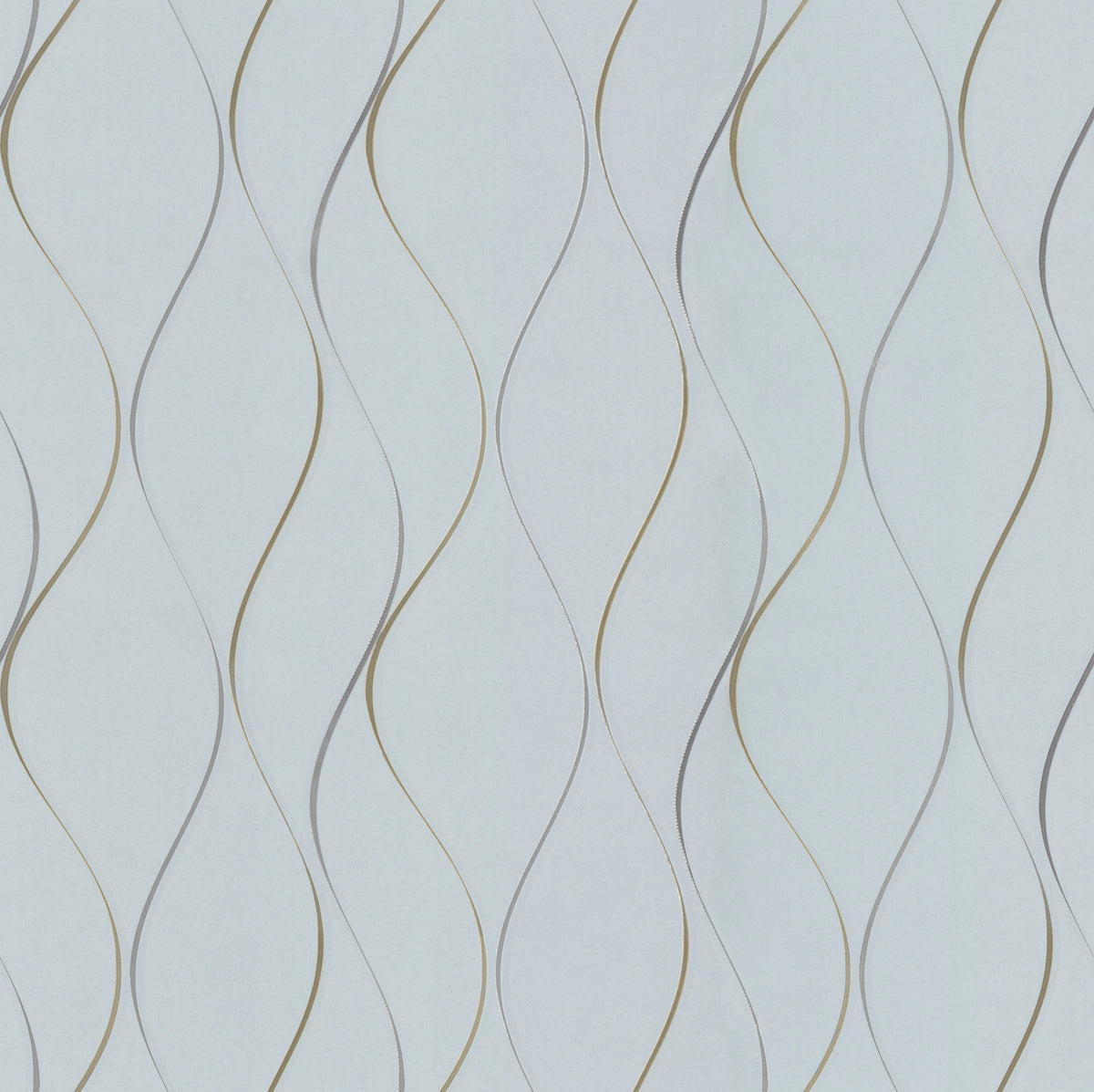 The Wavy Stripe Wallpaper by York Wallcoverings features a light gray background adorned with a repeating pattern of wavy, vertical golden and gray lines, creating an elegant, flowing design.