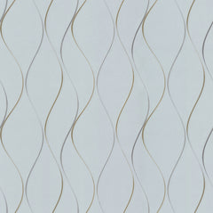 The Wavy Stripe Wallpaper by York Wallcoverings features a light gray background adorned with a repeating pattern of wavy, vertical golden and gray lines, creating an elegant, flowing design.