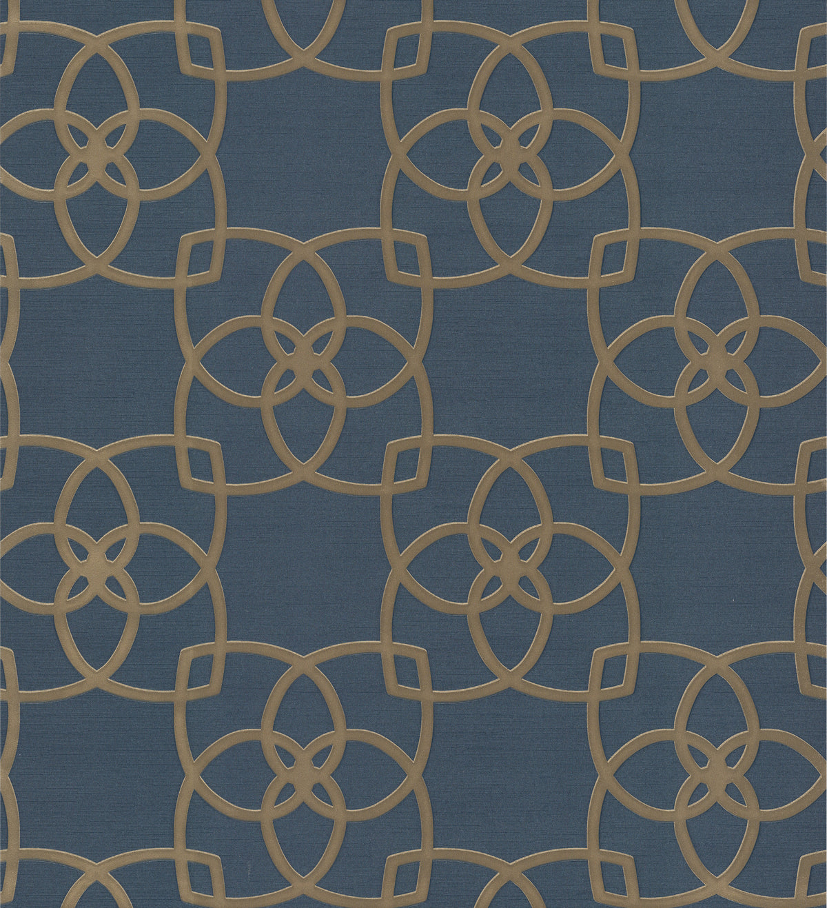 The Serendipity Wallpaper by York Wallcoverings features an intricate, symmetrical design of interlocking gold circles and squares arranged in a repeating geometric pattern against a dark blue background.