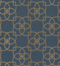 Serendipity Wallpaper by York Wallcoverings features a striking pattern of interlocking gold circular and diamond shapes on a deep blue background, creating an elegant, modern, and symmetrical visual effect.