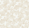 The Gingko Toss Wallpaper by York Wallcoverings features a delicate and elegant repeating botanical pattern of hand-drawn beige ginkgo leaves, evenly spaced on a white background.