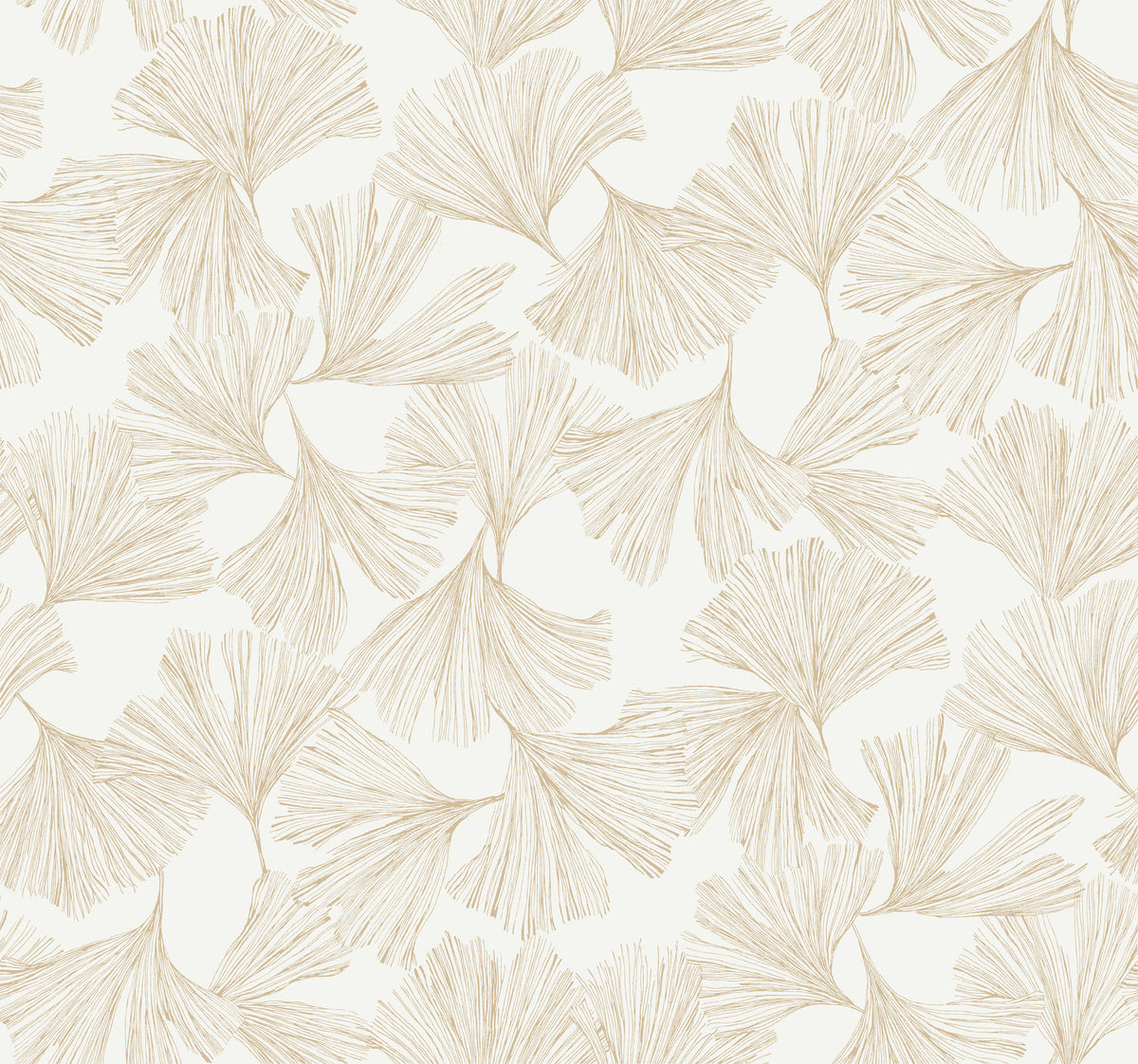 The Gingko Toss Wallpaper by York Wallcoverings features a delicate and elegant repeating botanical pattern of hand-drawn beige ginkgo leaves, evenly spaced on a white background.