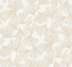 The Gingko Toss Wallpaper by York Wallcoverings features a delicate and elegant repeating botanical pattern of hand-drawn beige ginkgo leaves, evenly spaced on a white background.