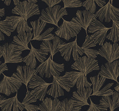 Gingko Toss Wallpaper by York Wallcoverings features an elegant and stylish botanical design with a seamless pattern of gold ginkgo leaves and fine lines on a black background.