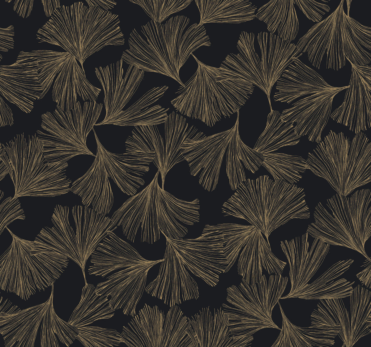 Gingko Toss Wallpaper by York Wallcoverings features a seamless pattern of gold ginkgo leaves with fine lines on a black background, creating an elegant, repetitive design that brings a luxurious botanical touch to any space.