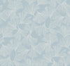 Gingko Toss Wallpaper by York Wallcoverings features a light blue background adorned with a delicate, airy pattern of thin, hand-drawn white ginkgo leaves. The fan-shaped leaves are slightly overlapping in a repeating design.