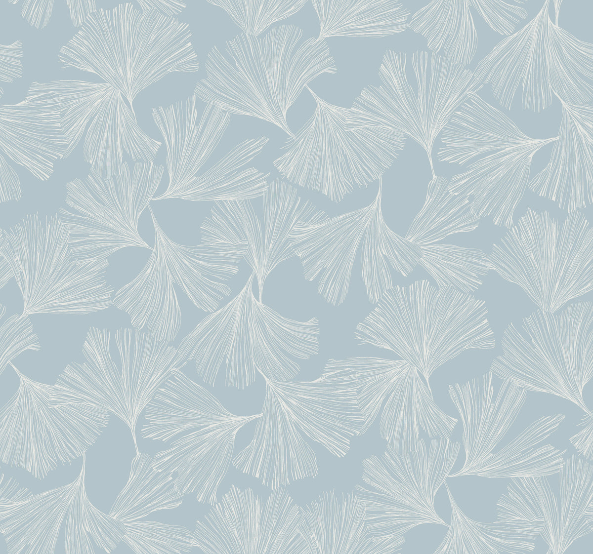 Gingko Toss Wallpaper by York Wallcoverings features a light blue background adorned with a seamless pattern of white, hand-drawn ginkgo leaves that are evenly spaced and overlapping, creating a delicate and airy botanical design.