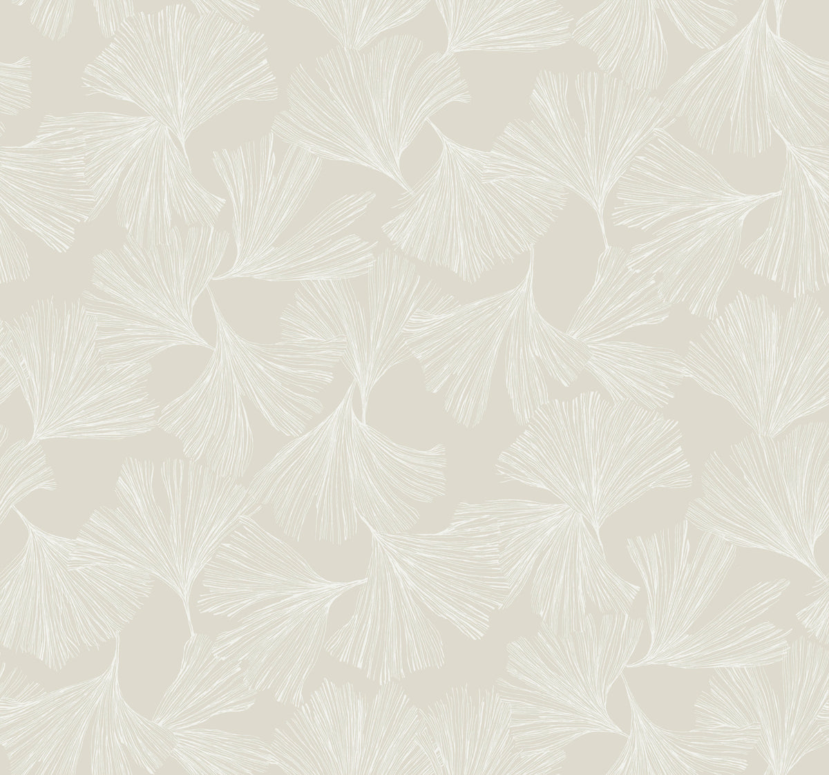 York Wallcoverings’ Gingko Toss Wallpaper features a seamless pattern of light beige ginkgo leaves outlined in white, set against a slightly deeper beige background. This delicate, minimalistic design creates a soft and natural aesthetic.