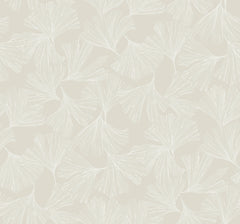 York Wallcoverings’ Gingko Toss Wallpaper features a seamless pattern of light beige ginkgo leaves outlined in white, set against a slightly deeper beige background. This delicate, minimalistic design creates a soft and natural aesthetic.