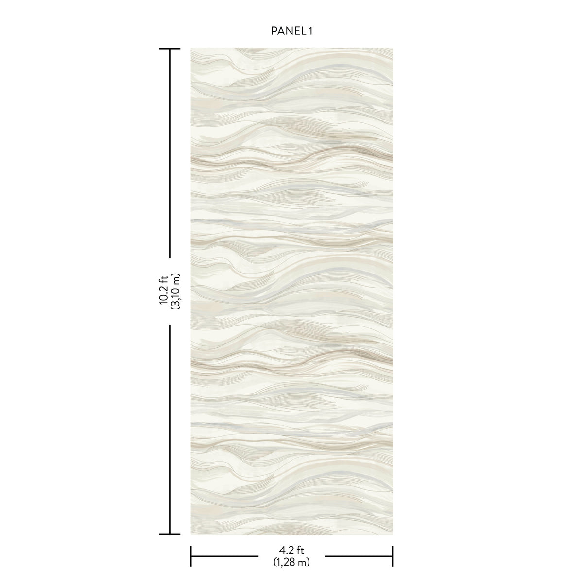 The Currents Wall Mural is a wallpaper panel featuring wavy beige and gray lines, measuring 10.2 ft (3.10 m) tall and 4.2 ft (1.28 m) wide, labeled PANEL 1.
