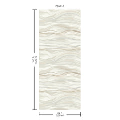 The Currents Wall Mural is a wallpaper panel featuring wavy beige and gray lines, measuring 10.2 ft (3.10 m) tall and 4.2 ft (1.28 m) wide, labeled PANEL 1.