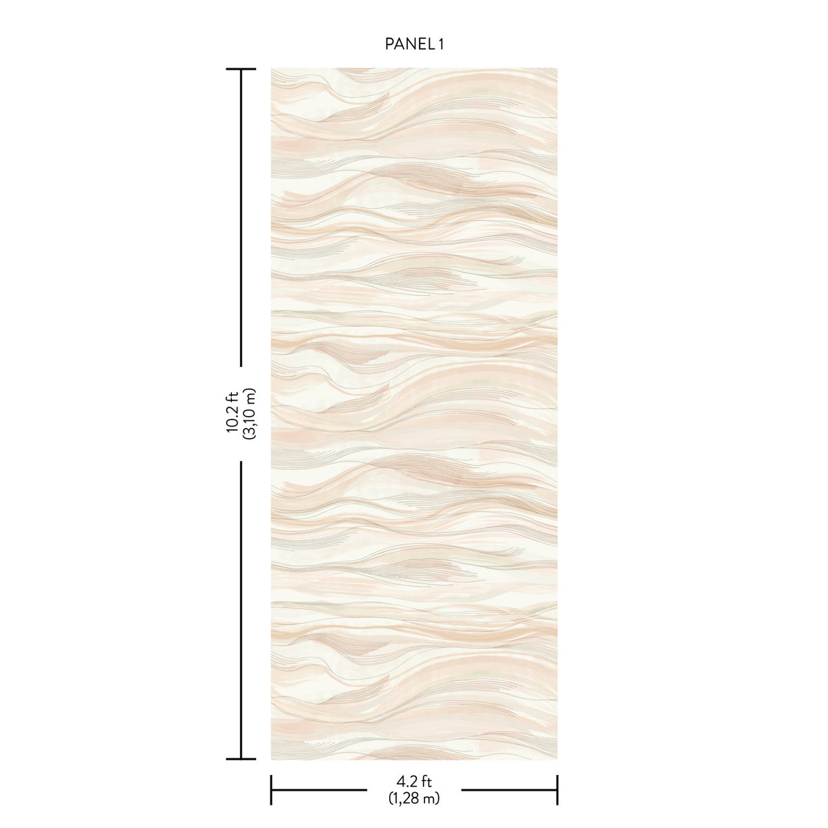The Currents Wall Mural is a rectangular wallpaper panel featuring a beige and peach swirl pattern, labeled as PANEL 1. Its dimensions are 10.2 ft (3.10 m) tall and 4.2 ft (1.28 m) wide.