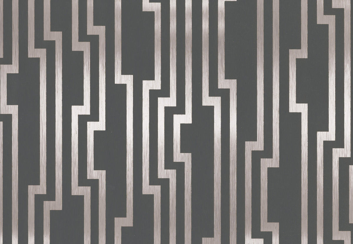 Velocity Wallpaper featuring a geometric pattern of vertical metallic lines with right-angled turns against a dark grey background.
