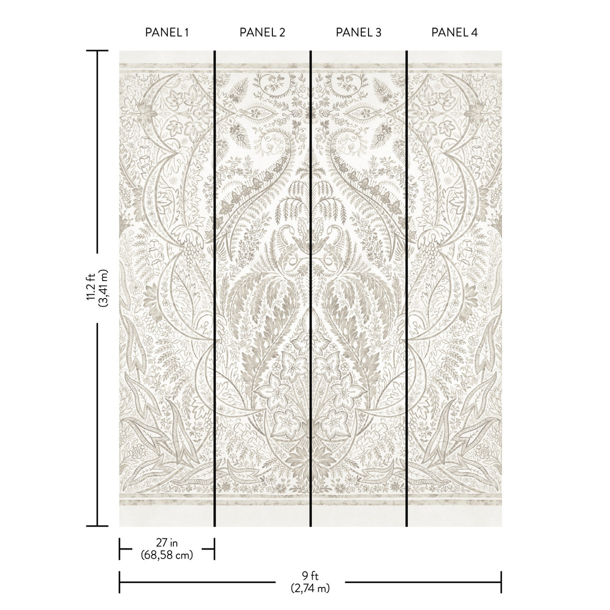 The Jaipur Paisley Damask Wall Mural by York Wallcoverings is a decorative wall mural consisting of four vertical panels, each 27 inches wide, featuring an intricate floral and leafy paisley damask pattern. The complete mural measures 9 feet wide by 11.3 feet tall.