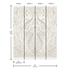 The Jaipur Paisley Damask Wall Mural by York Wallcoverings is a decorative wall mural consisting of four vertical panels, each 27 inches wide, featuring an intricate floral and leafy paisley damask pattern. The complete mural measures 9 feet wide by 11.3 feet tall.