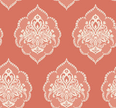 Introducing the Signet Medallion Damask Wallpaper by York Wallcoverings, showcasing a seamless pattern of ornate white floral damask motifs set against a muted red background for a classic and elegant vintage wallpaper aesthetic.