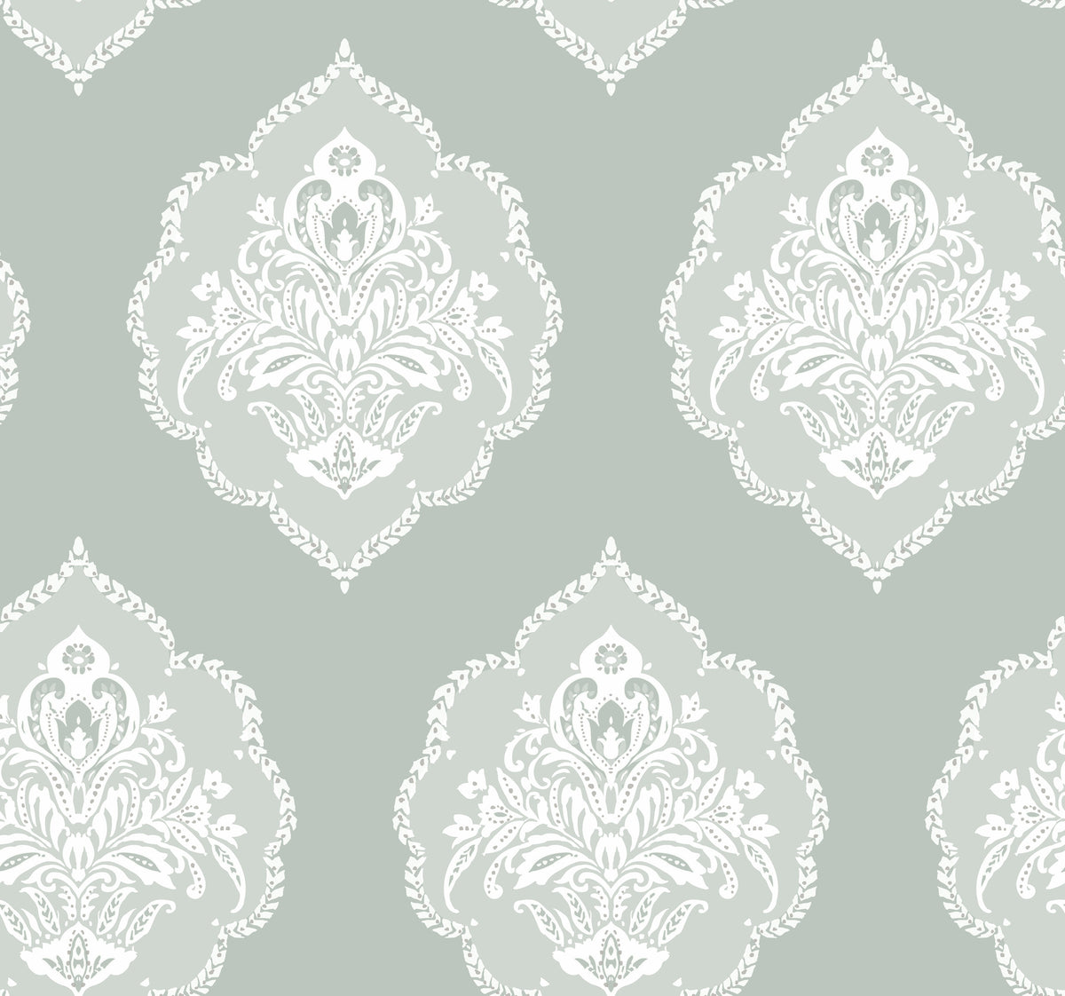 Experience timeless elegance with the Signet Medallion Damask Wallpaper by York Wallcoverings, featuring ornate white floral damask motifs set against a muted sage green background. This wallpaper’s evenly repeating design creates a sophisticated and vintage-inspired ambiance in any room.