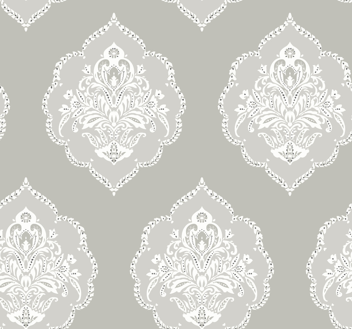 Introducing the Signet Medallion Damask Wallpaper by York Wallcoverings, featuring ornate white floral damask motifs on a light gray background for an elegant and classic decorative style.