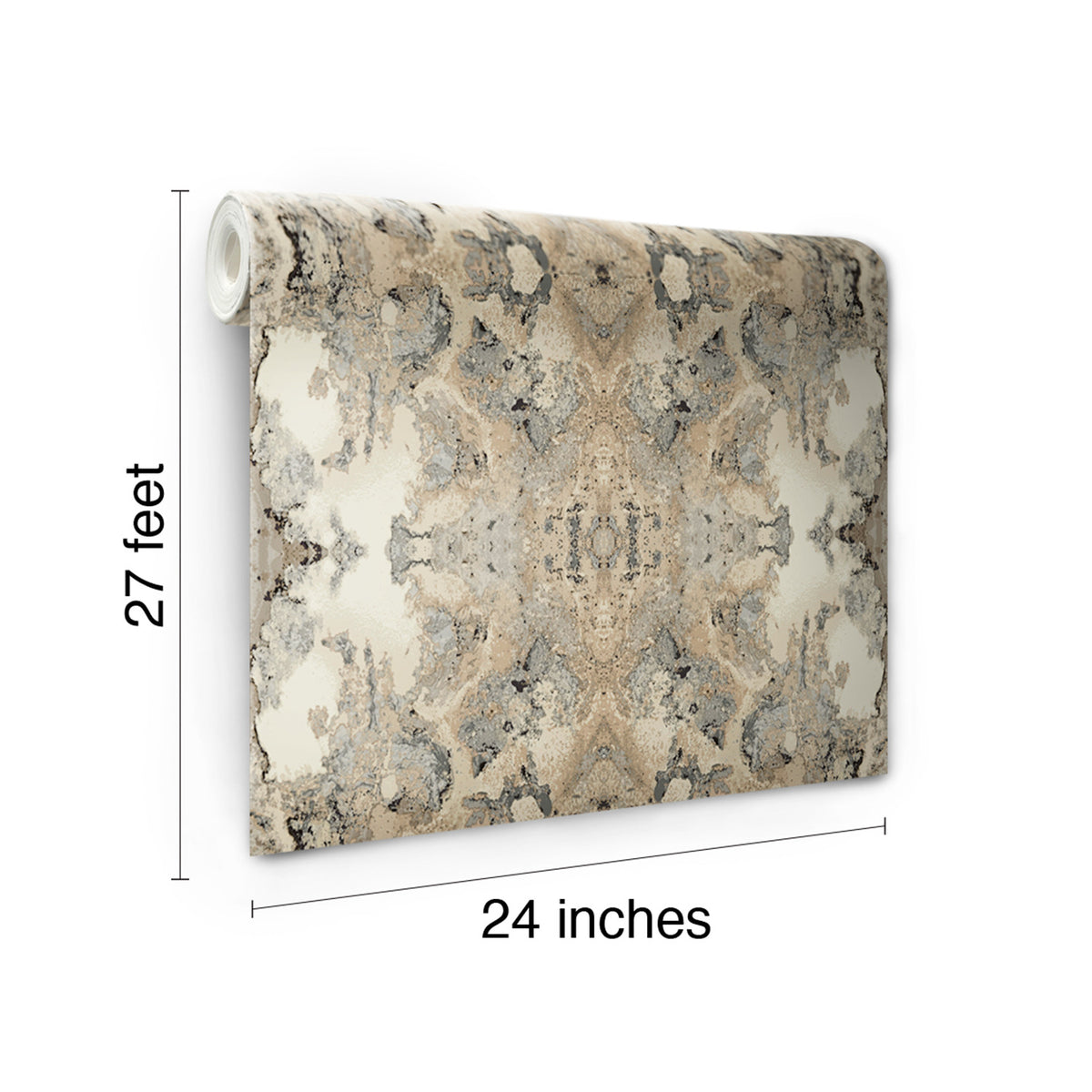 A roll of Inner Beauty Wallpaper by York Wallcoverings featuring a symmetrical, abstract stone-like pattern in beige, gray, and cream, measuring 27 feet by 24 inches.