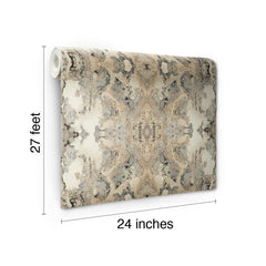 A roll of Inner Beauty Wallpaper by York Wallcoverings featuring a symmetrical, abstract stone-like pattern in beige, gray, and cream, measuring 27 feet by 24 inches.