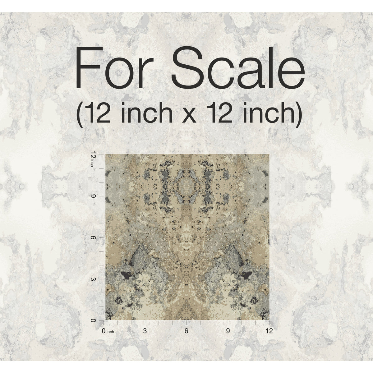 A 12-inch by 12-inch square sample of Inner Beauty Wallpaper by York Wallcoverings with a beige, grey, and black mottled stone-like pattern, shown against a lighter background version of the same design.