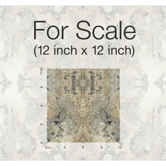 A 12-inch by 12-inch square sample of Inner Beauty Wallpaper by York Wallcoverings with a beige, grey, and black mottled stone-like pattern, shown against a lighter background version of the same design.