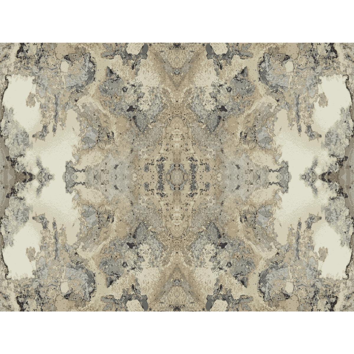 Inner Beauty Wallpaper featuring a symmetrical, abstract marble pattern in shades of beige, gray, and charcoal.