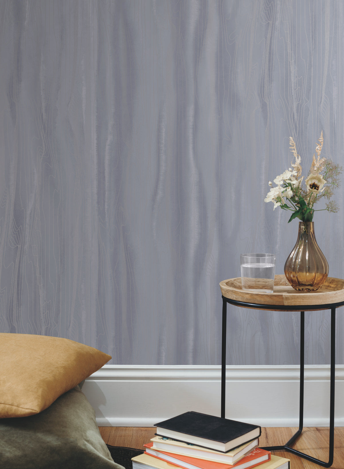 Candice Olson Fantasy Faux Bois Wallpaper featuring a gray vertical wood grain pattern with fine, light-colored lines.