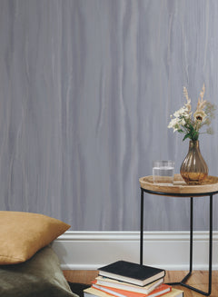 Candice Olson Fantasy Faux Bois Wallpaper featuring a gray vertical wood grain pattern with fine, light-colored lines.
