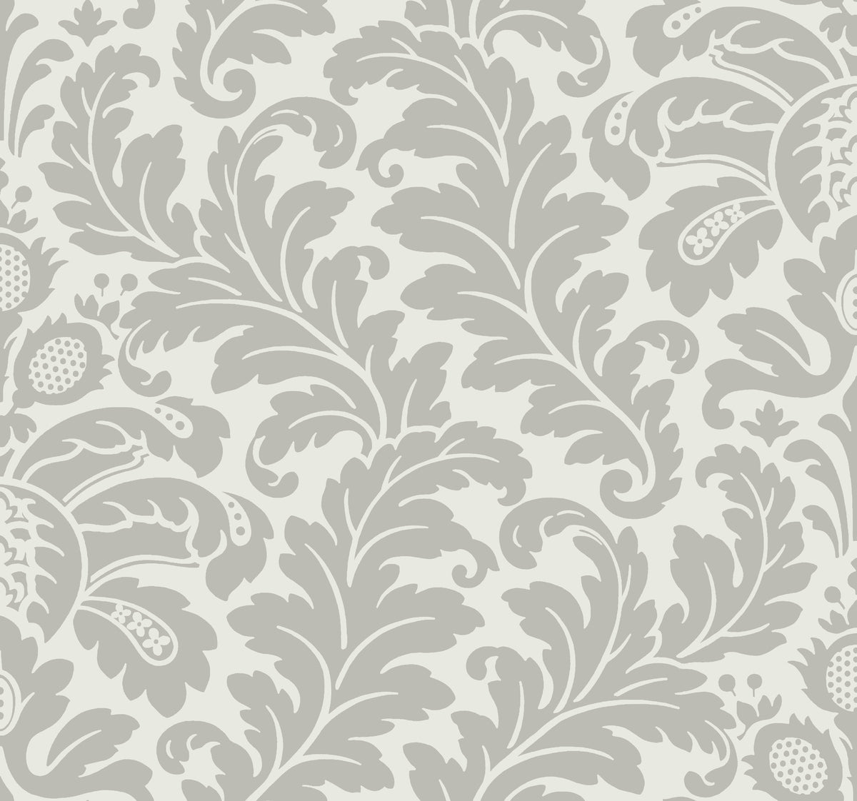 Candice Olson Modern Romance Wallpaper featuring a light gray repeating acanthus leaf damask pattern on an off-white background.