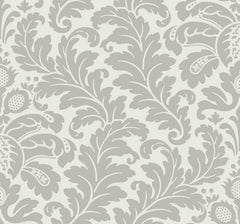 Candice Olson Modern Romance Wallpaper featuring a light gray repeating acanthus leaf damask pattern on an off-white background.