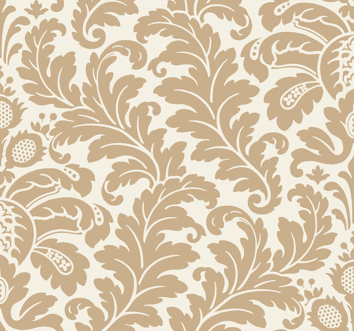 Candice Olson Modern Romance Wallpaper featuring a repeating tan damask pattern of large acanthus leaves and floral motifs on a cream background.