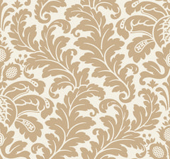 Candice Olson Modern Romance Wallpaper featuring a repeating tan damask pattern of large acanthus leaves and floral motifs on a cream background.
