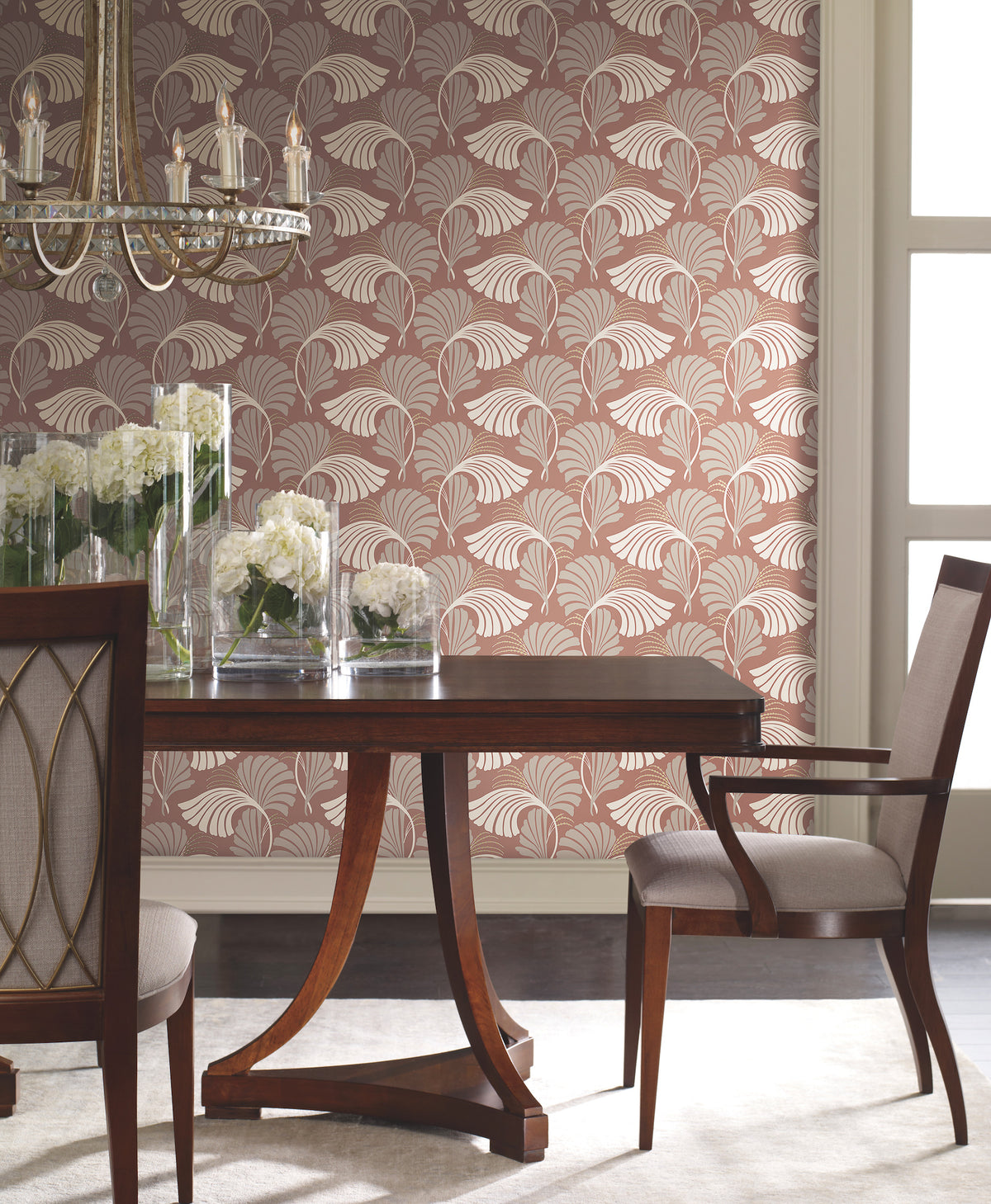 Candice Olson Dancing Leaves Wallpaper by York Wallcoverings featuring a repeating fan-shaped leaf pattern in white and taupe, shown on a dining room wall.