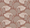 Candice Olson Dancing Leaves Wallpaper featuring stylized fan-shaped leaves in shades of tan and taupe on a reddish-brown background.