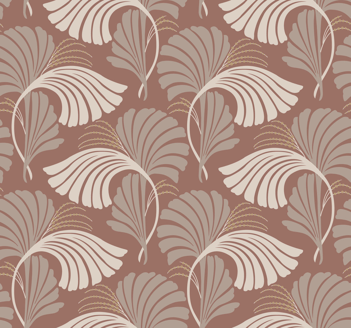 Candice Olson Dancing Leaves Wallpaper featuring stylized fan-shaped leaves in shades of tan and taupe on a reddish-brown background.
