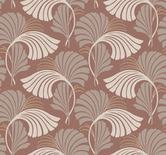 Candice Olson Dancing Leaves Wallpaper featuring stylized fan-shaped leaves in shades of tan and taupe on a reddish-brown background.