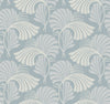 Candice Olson Dancing Leaves Wallpaper features a repeating Art Deco-style pattern of light gray stylized fan-shaped leaves on a muted blue background.