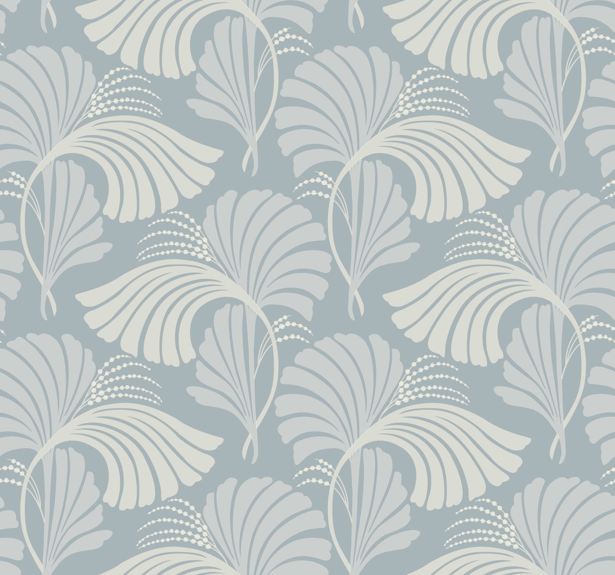 Candice Olson Dancing Leaves Wallpaper features a repeating Art Deco-style pattern of light gray stylized fan-shaped leaves on a muted blue background.