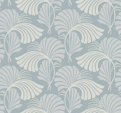 Candice Olson Dancing Leaves Wallpaper features a repeating Art Deco-style pattern of light gray stylized fan-shaped leaves on a muted blue background.