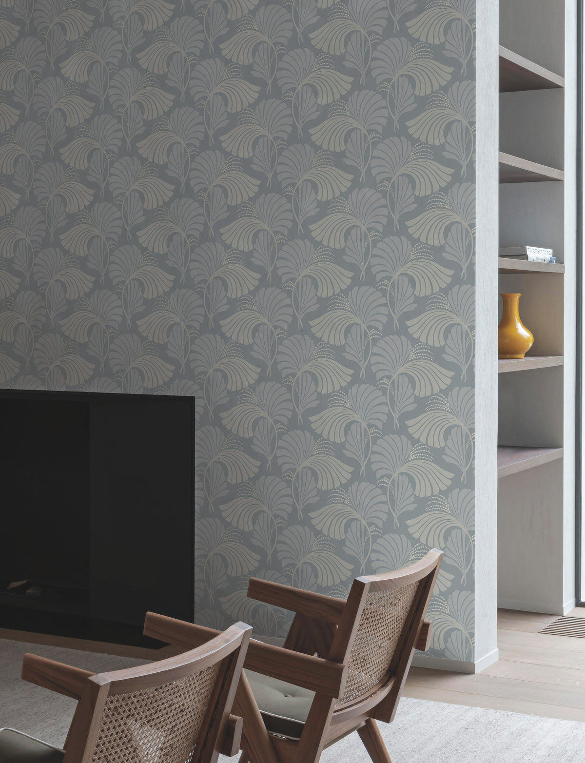 Candice Olson Dancing Leaves Wallpaper featuring a repeating pattern of stylized gray leaves with light-colored stems on a darker gray background.