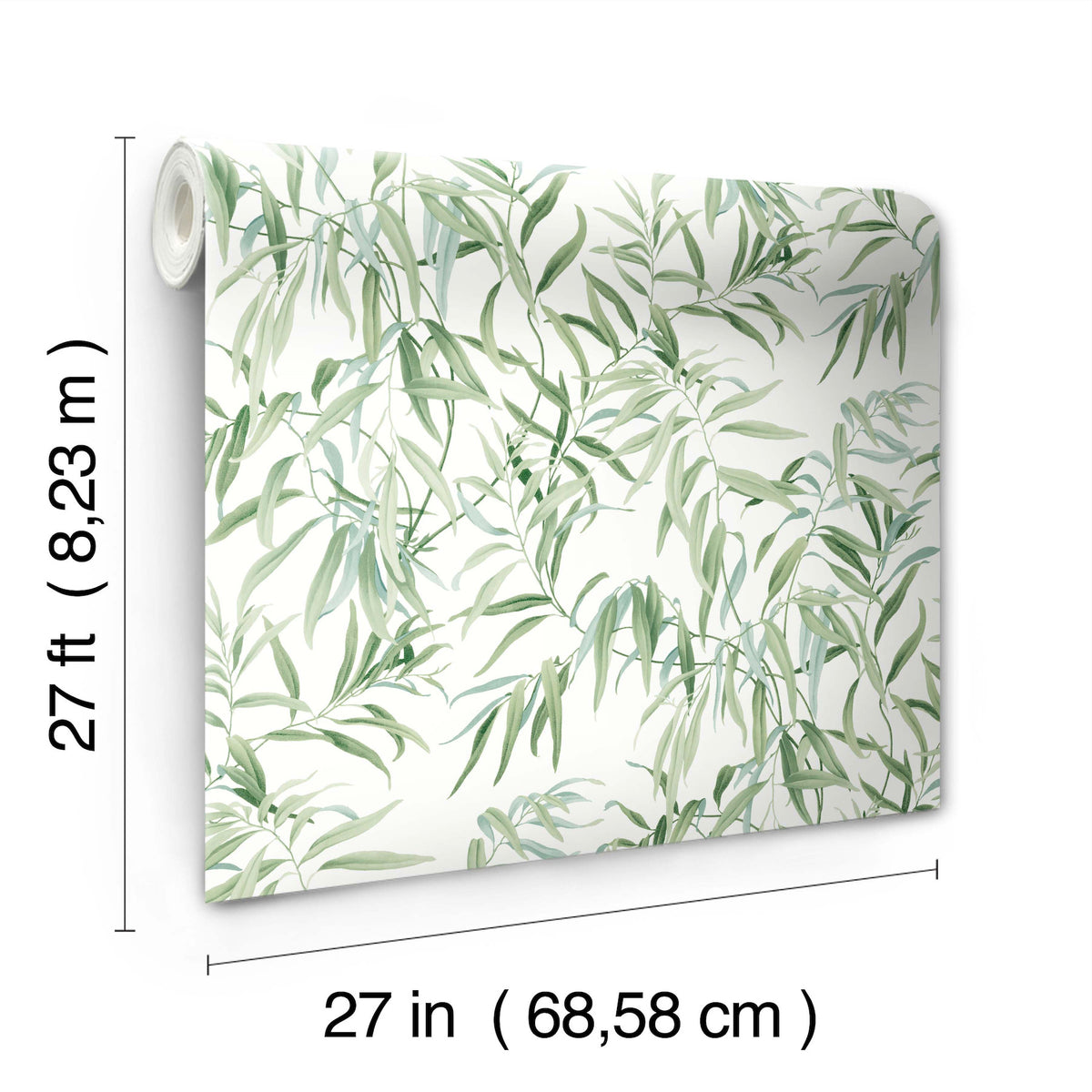 The Willow Grove Wallpaper by York Wallcoverings features a green leafy pattern on a white background and comes in a roll measuring 27 feet (8.23 meters) long and 27 inches (68.58 cm) wide.